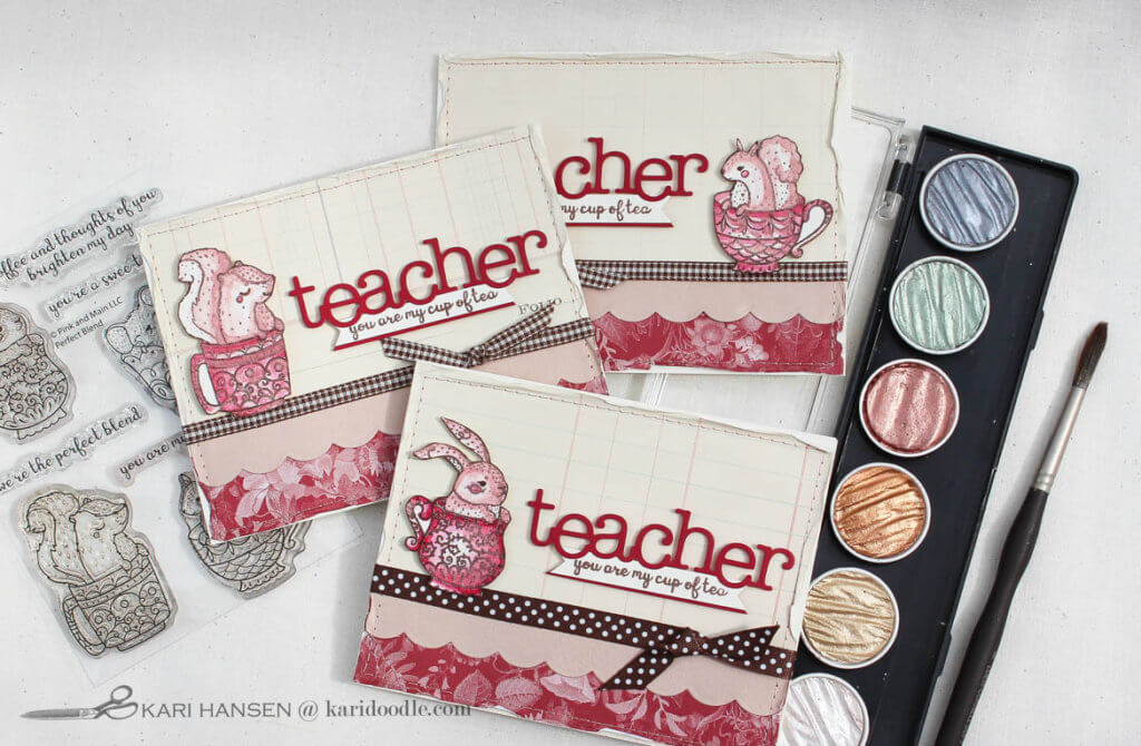 stamped watercolor cute critter teacher cards