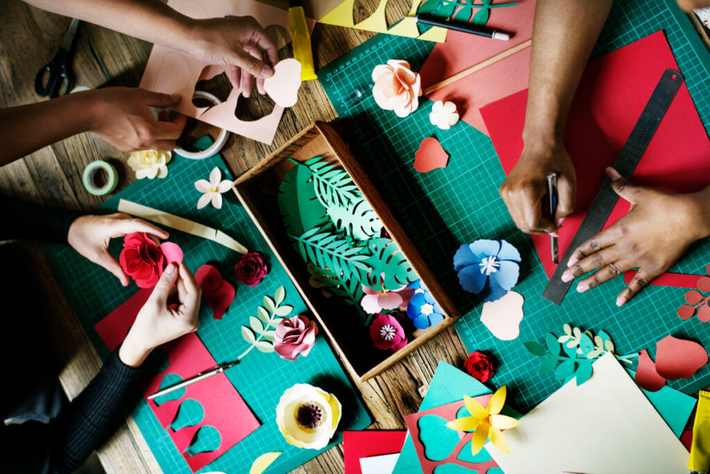 group making paper flowers