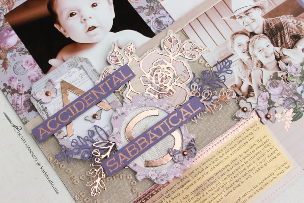 detail of scrapbook page title with inlaid die-cut rose