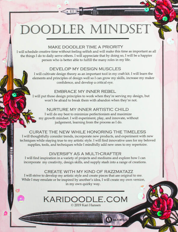 doodler mindset printable with pink watercolor border