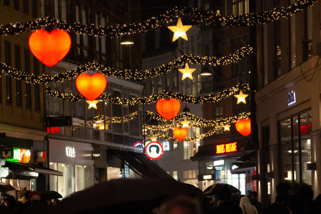 christmas lights with red hearts over stroget in copenhagen