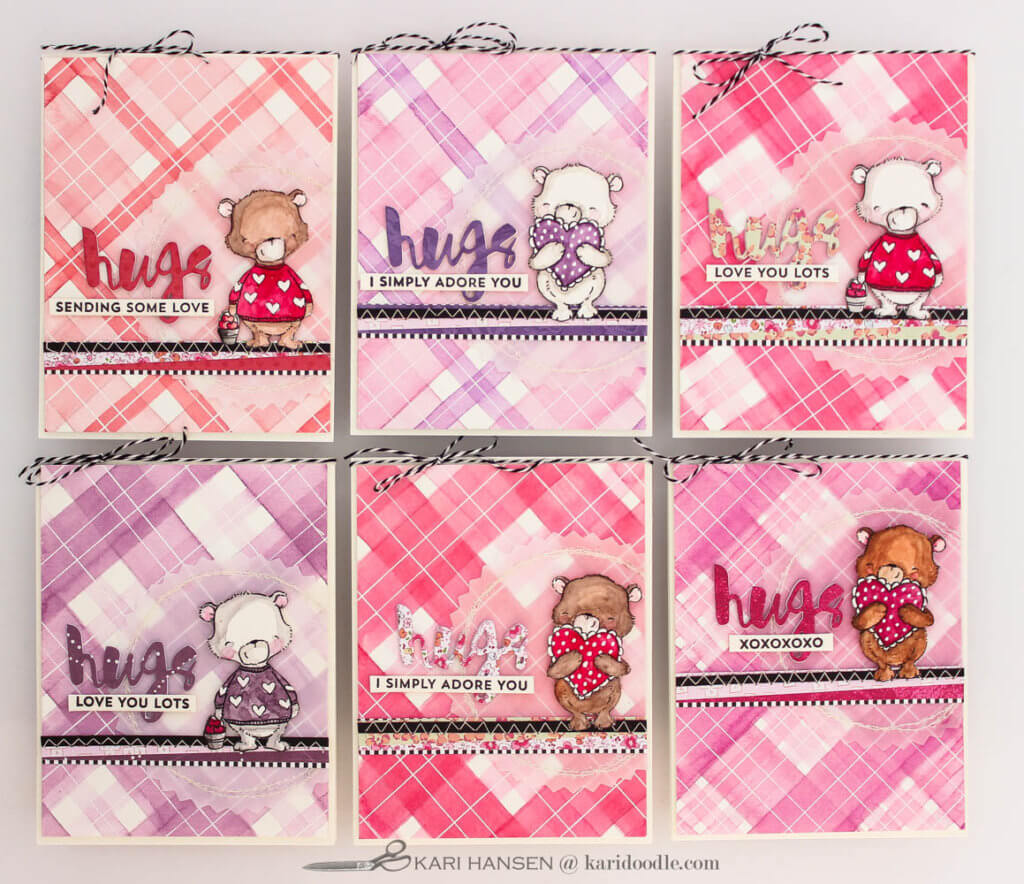6 love cards with simple watercolor tartan backgrounds
