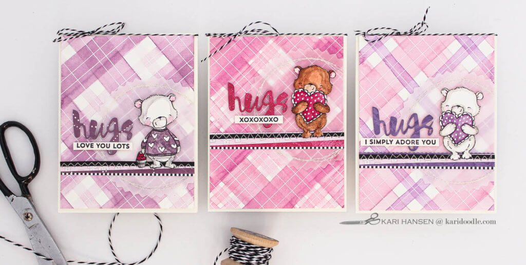 3 love cards with purple and pink watercolor tartan backgrounds