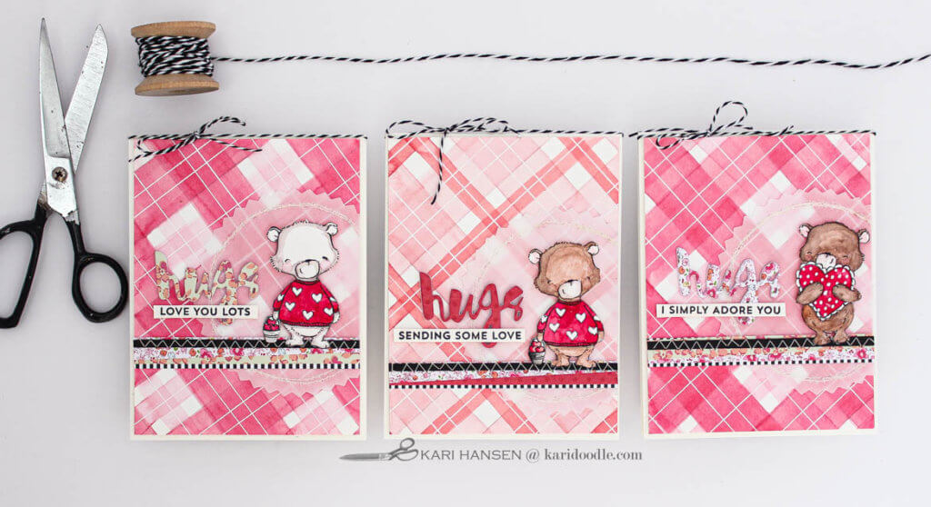 3 love cards with red watercolor tartan backgrounds