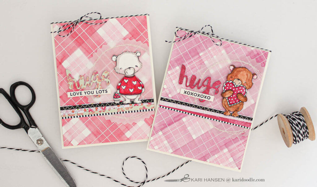 2 cards with pink and red watercolor tartan backgrounds