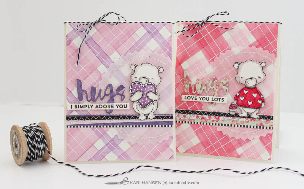 2 cards with polar bears on watercolored tartan backgrounds