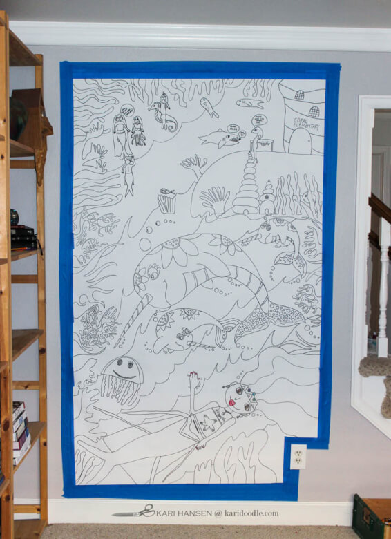 ocean themed hand drawn paper mural