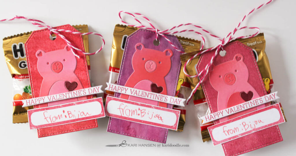 3 gummy bear treat bags with valentine tags