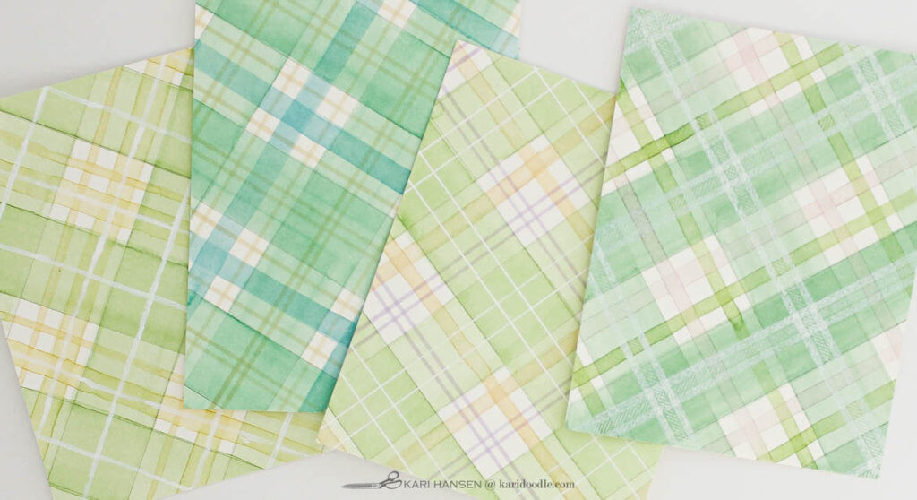 4 green watercolor tartan panels