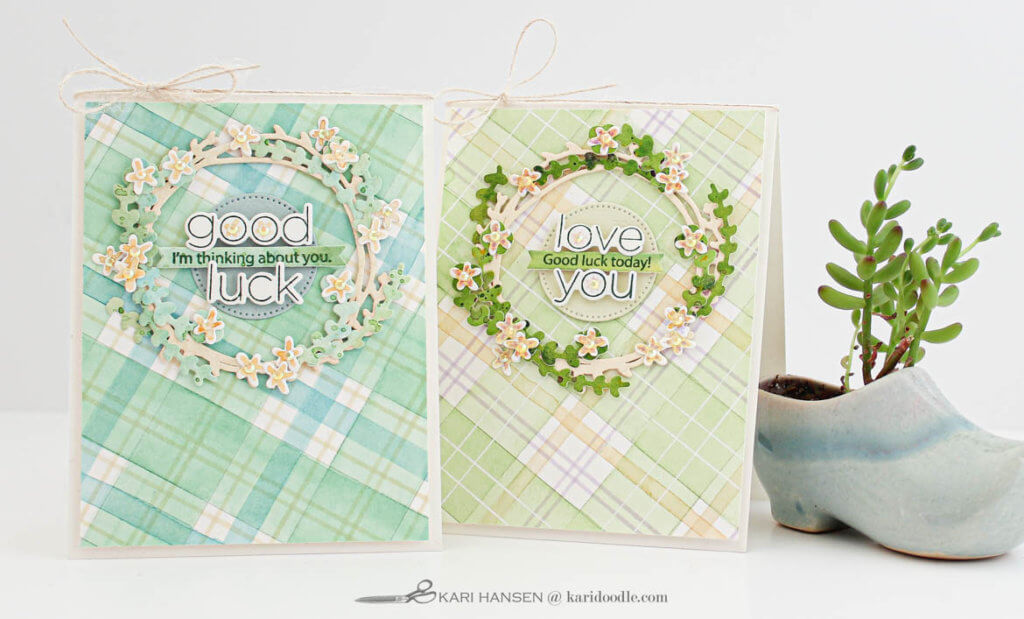 2 green tartan cards with die cut wreaths