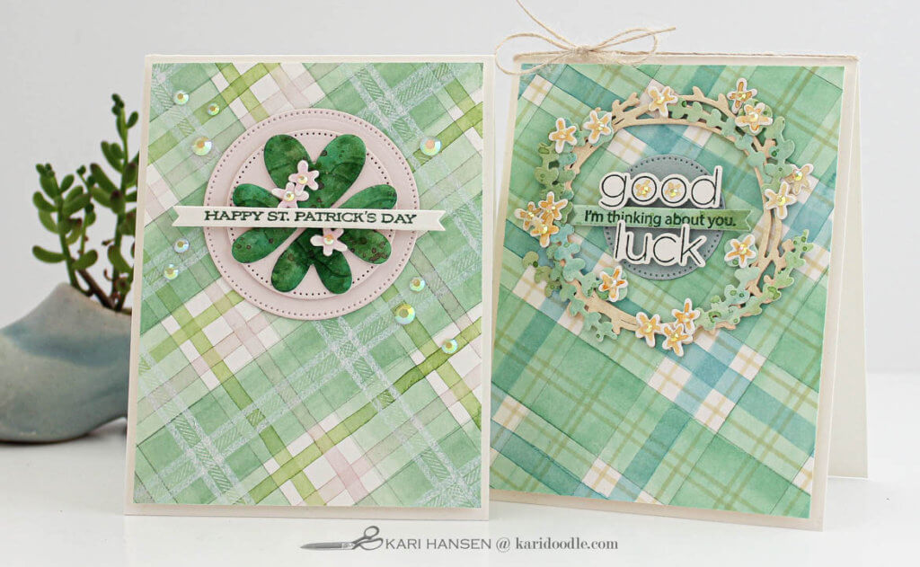 2 kelly green watercolor tartan cards
