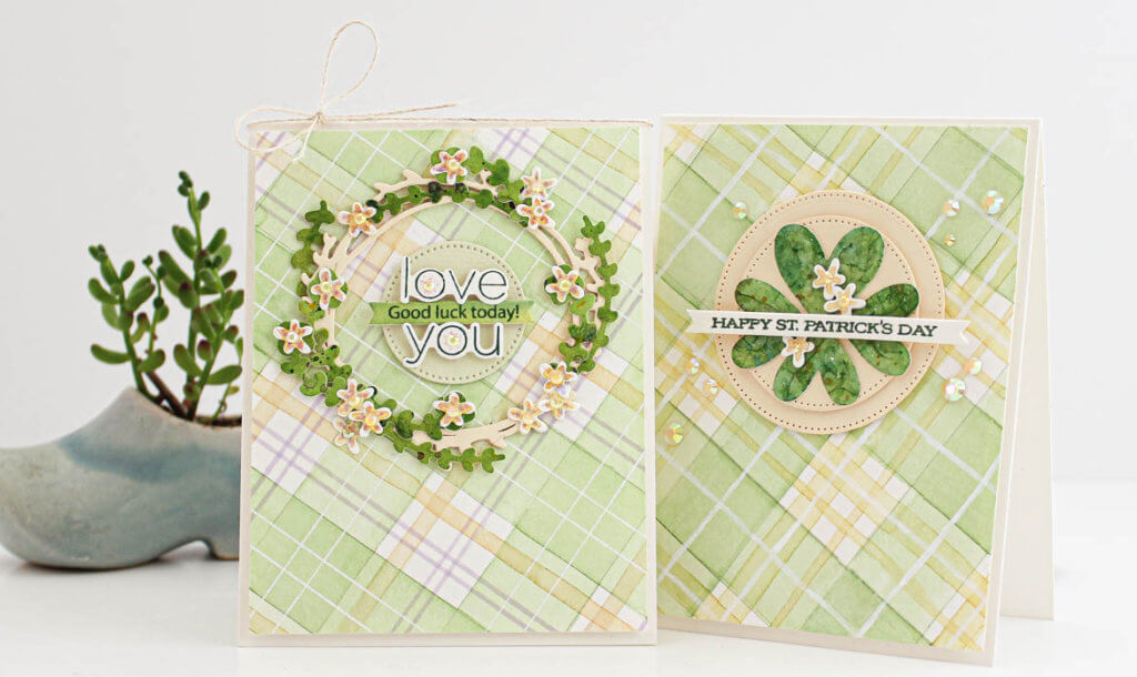 2 green and yellow watercolor tartan cards