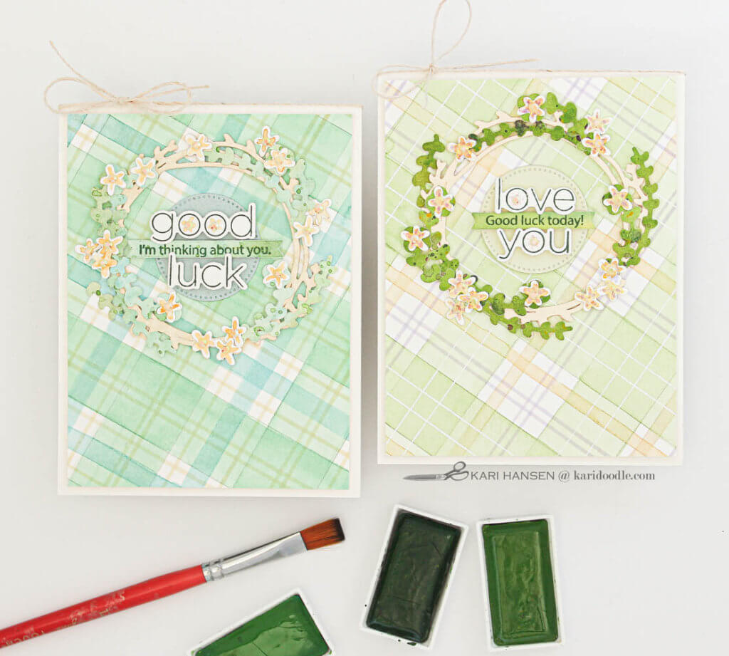 2 green watercolored tartan cards with wreaths
