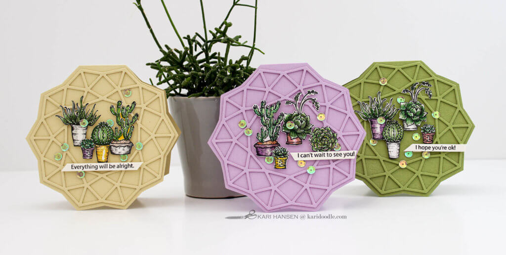 3 round geometric cards with stamped succulent