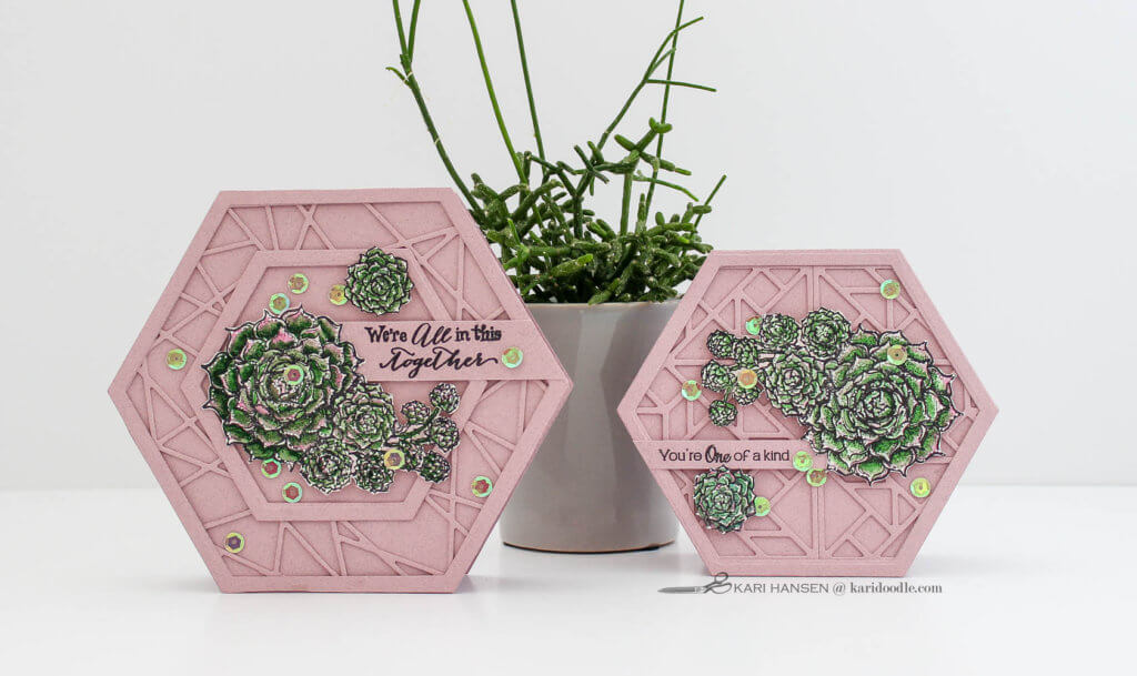 hexagon geometric cards with stamped hen and chicks