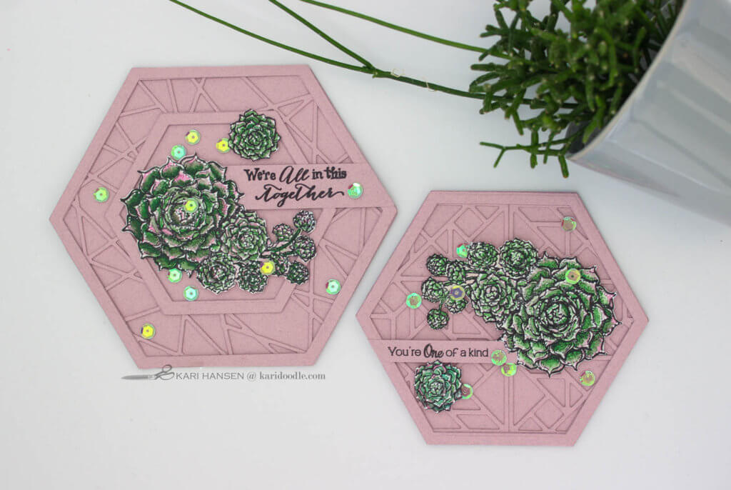 hexagon geometric cards with stamped succulents