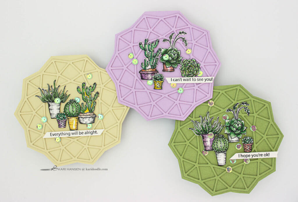 3 round geometric cards with stamped succulent