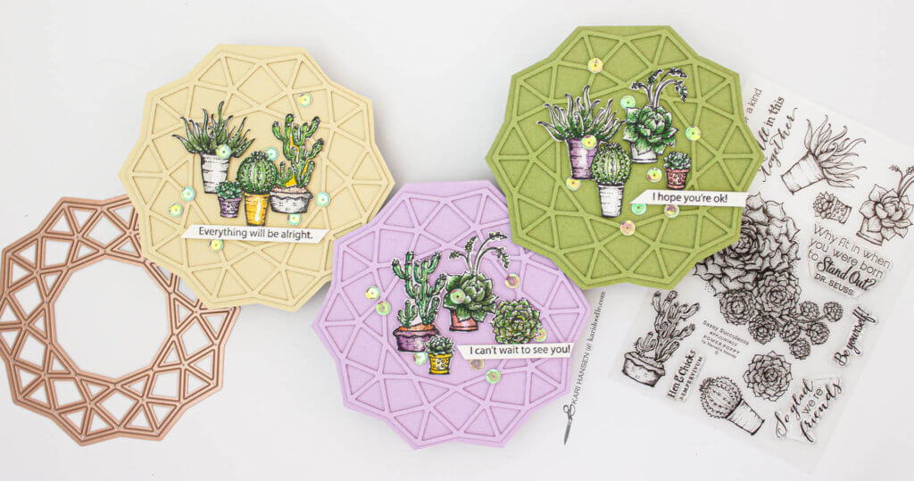 3 round geometric cards with stamped succulent