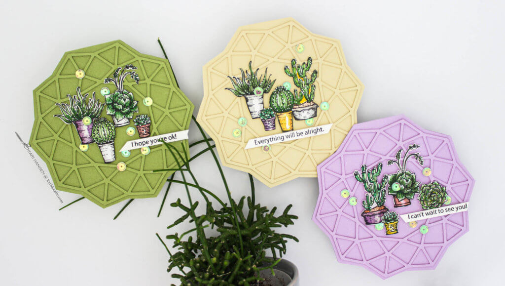 3 round geometric cards with stamped succulent