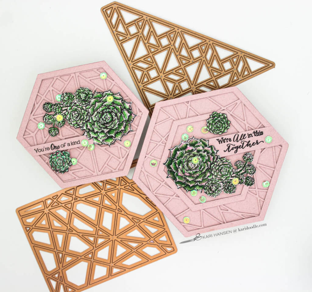hexagon geometric cards with stamped succulents