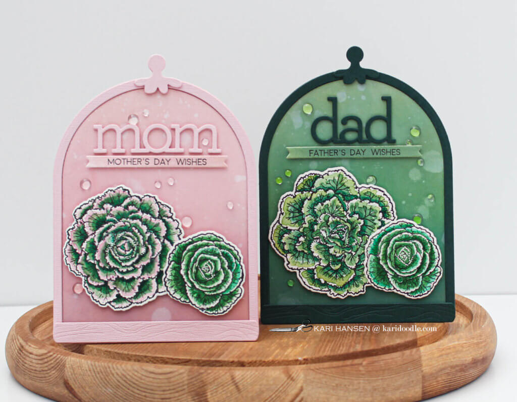 pink mom and green dad cards with cabbage and kale stamps