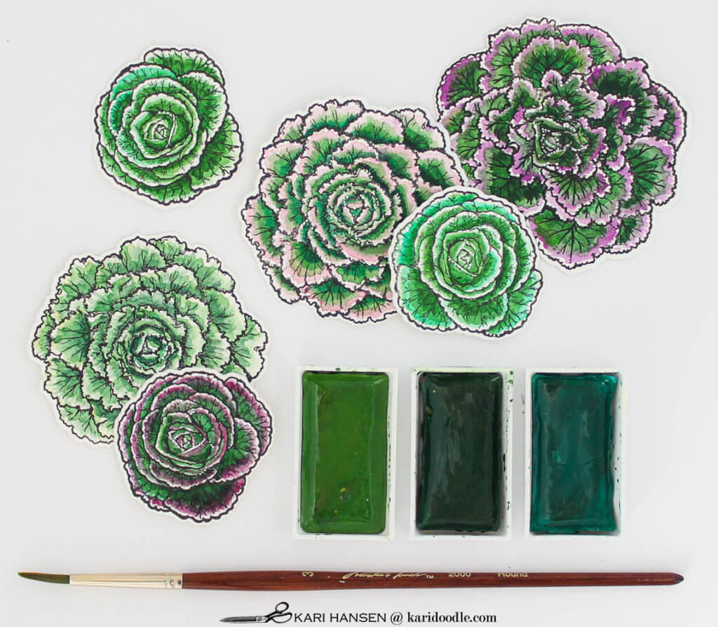 watercolored cabbage and kale stamped images
