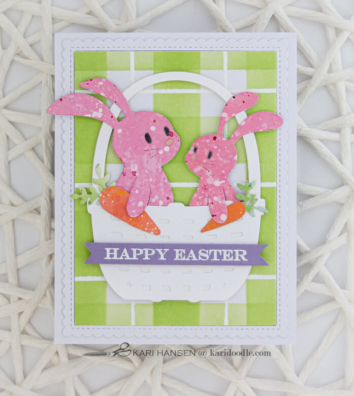 pink speckled bunnies in basket easter card