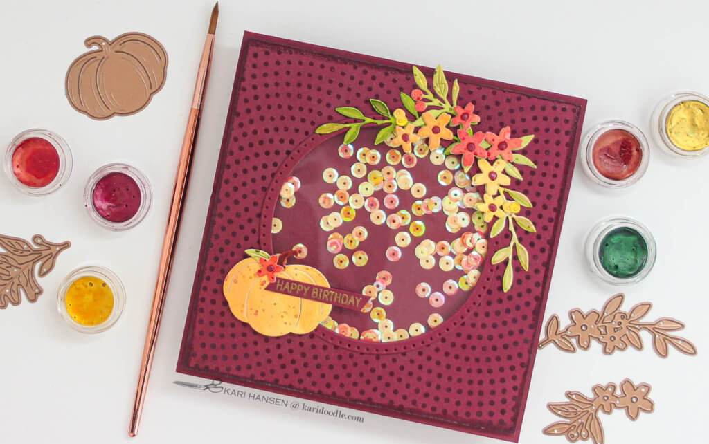 fall floral and pumpkin shaker card