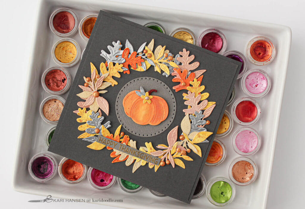grey and gold fall leaves wreath Thanksgiving card