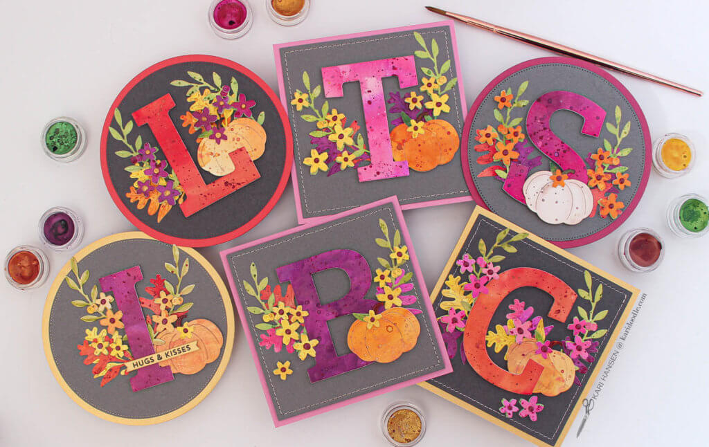 monogram cards with fall foliage