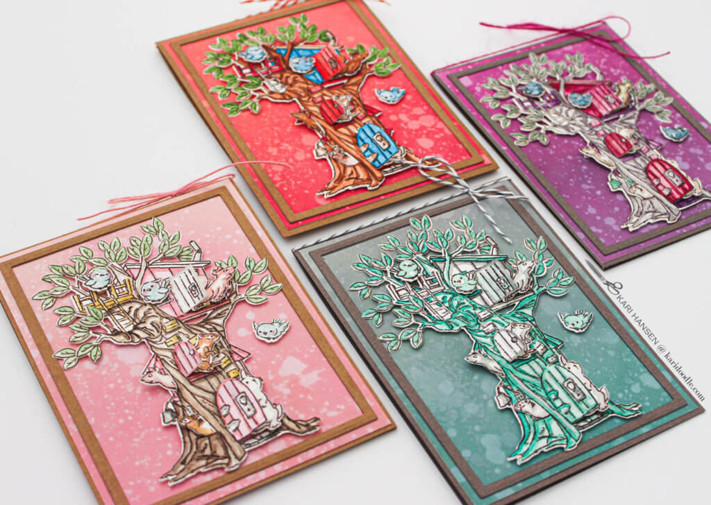 woodland tree cards in 4 color schemes